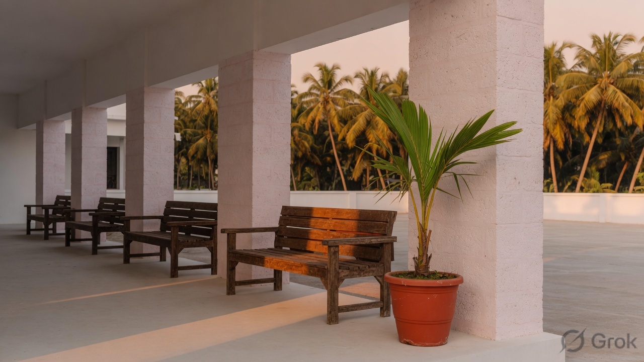 A quiet hospital courtyard in Kerala at late afternoon: teak benches, laterite columns, coconut palms beyond.