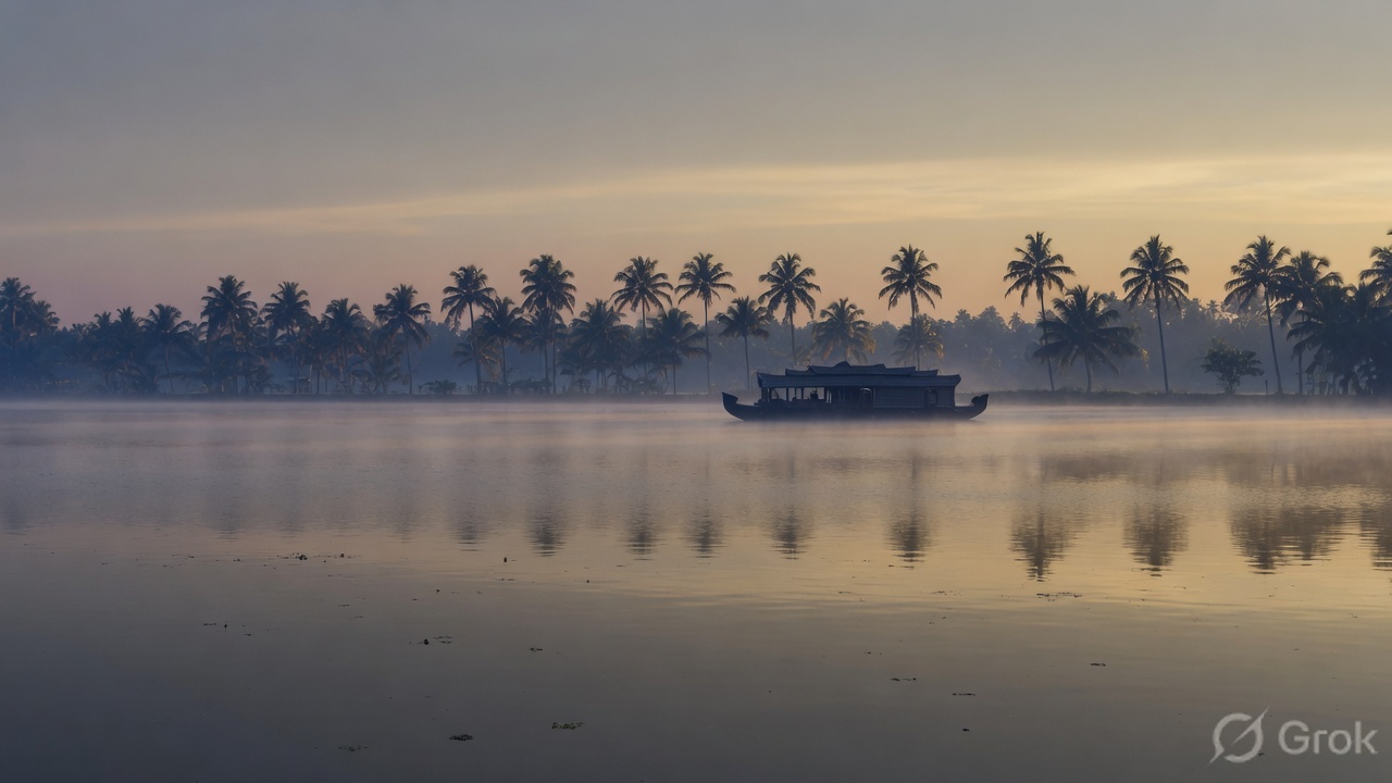 Dawn mist on Vembanad Lake, a houseboat in the distance, coconut palms on the far bank.