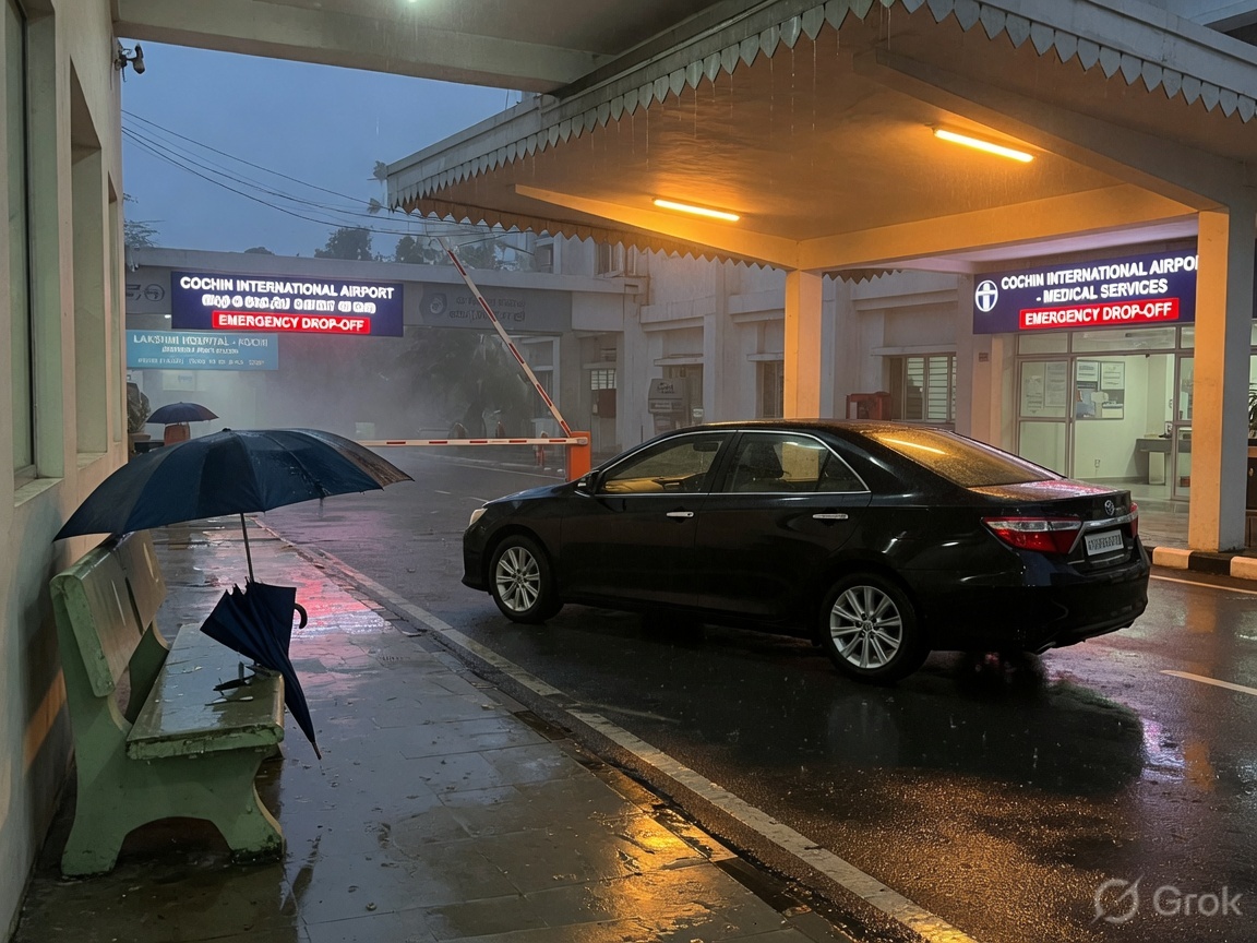 A car waiting under a covered hospital portico on wet monsoon pavement